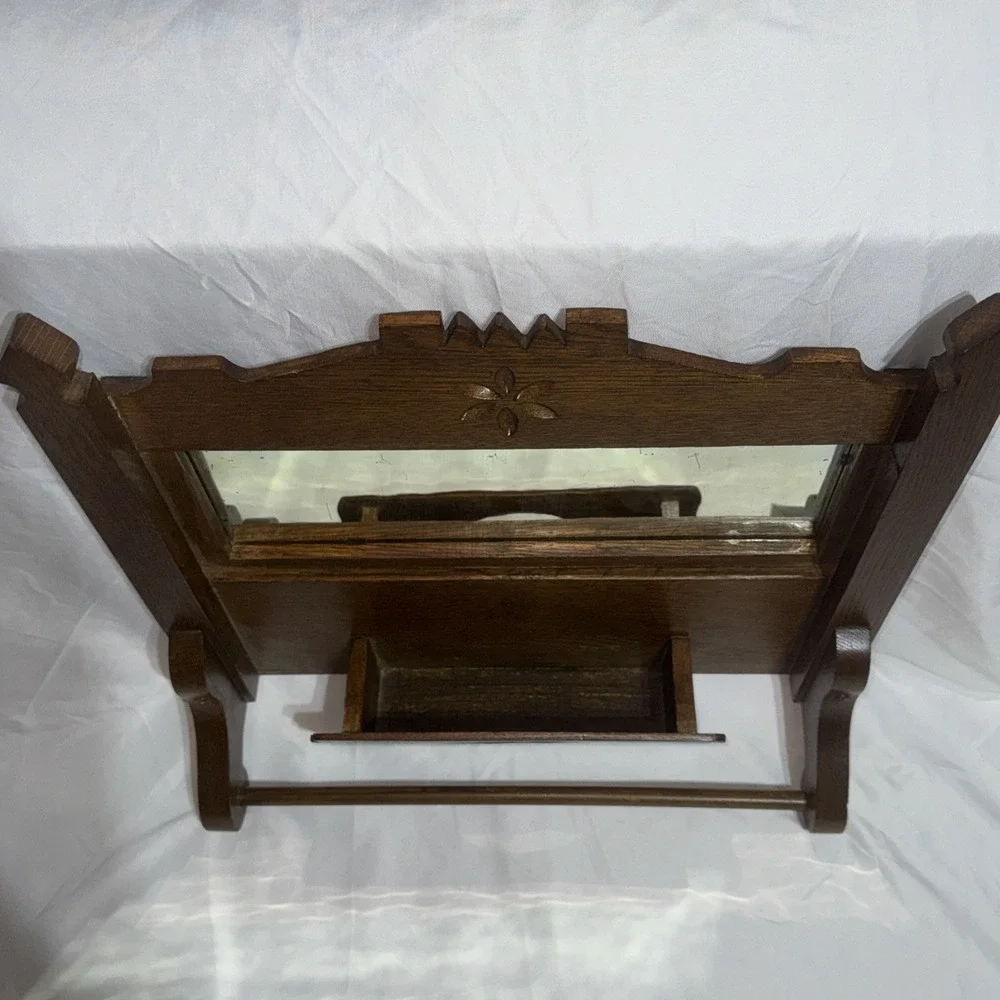 Antique Oak Wood Wall Shaving Mirror Towel Rack & Accessory Box Wall Hang